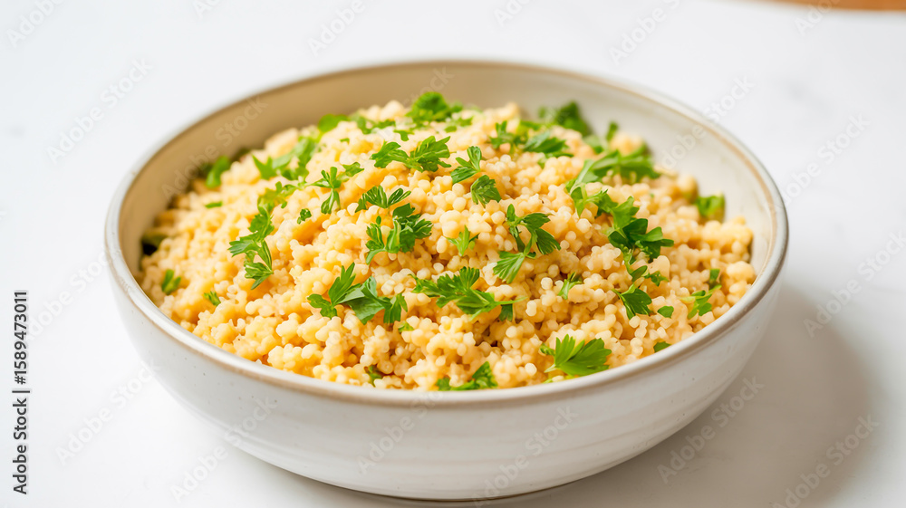 A close-up photograph of a white ceramic bowl filled with freshly cooked couscous garnished with fresh chopped parsley. A close-up photograph of a white ceramic bowl filled with freshly cooked couscous garnished with fresh chopped parsley.