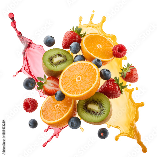 Colorful multi vitamin fruit juice splash isolated on transparent background