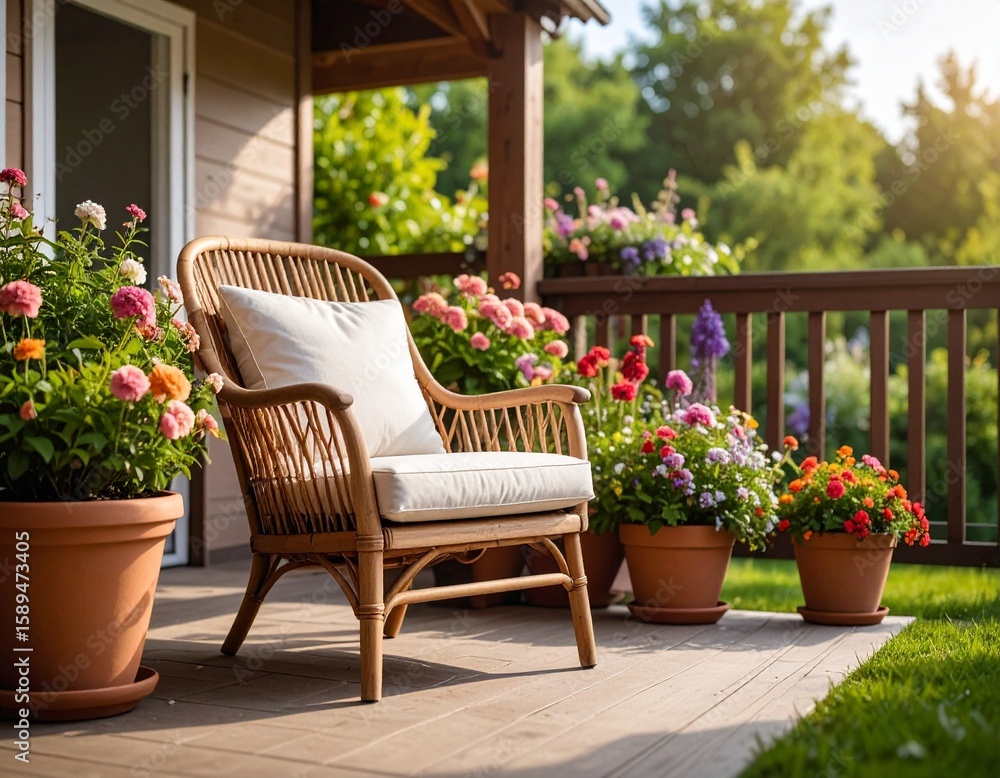Obraz premium Comfortable empty armchair on idyllic wooden terrace, colorful flowers in pots, sunny green garden.