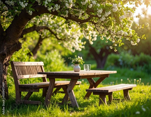 Empty wooden table and seats under blossoming tree in idyllic bright sunny green garden.