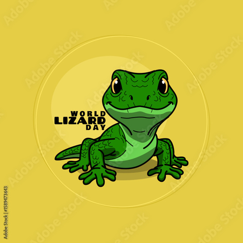 World Lizard Day to celebrate on August 14th. Illustration of a cute, smiling green lizard on a beige background. Animal event banner.