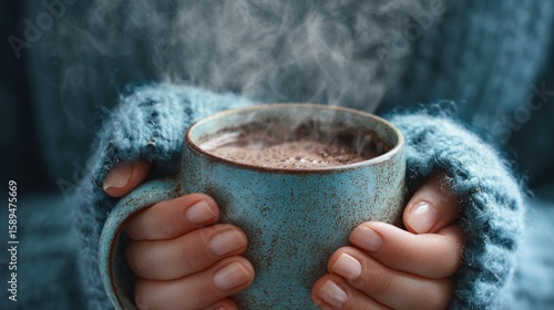 Warm hands hold a steaming mug