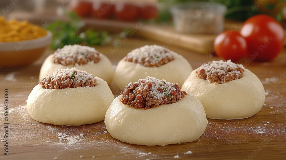 Fototapeta premium Baked goods, dough, filled with meat