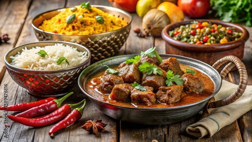 Rice with Goat Curry from Mauritius, plated beautifully with authentic sides, traditional garnish, cultural background props.

