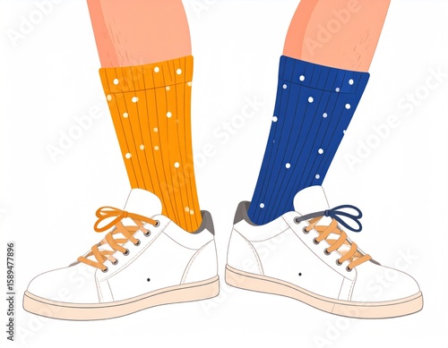 White Sneakers With Orange And Blue Star Patterned Socks On Isolated White Background