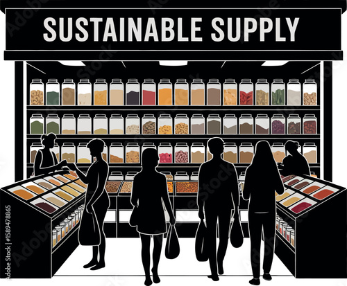 Silhouettes of people shopping at a bulk food store with jars and bins people silhouettes grocery store