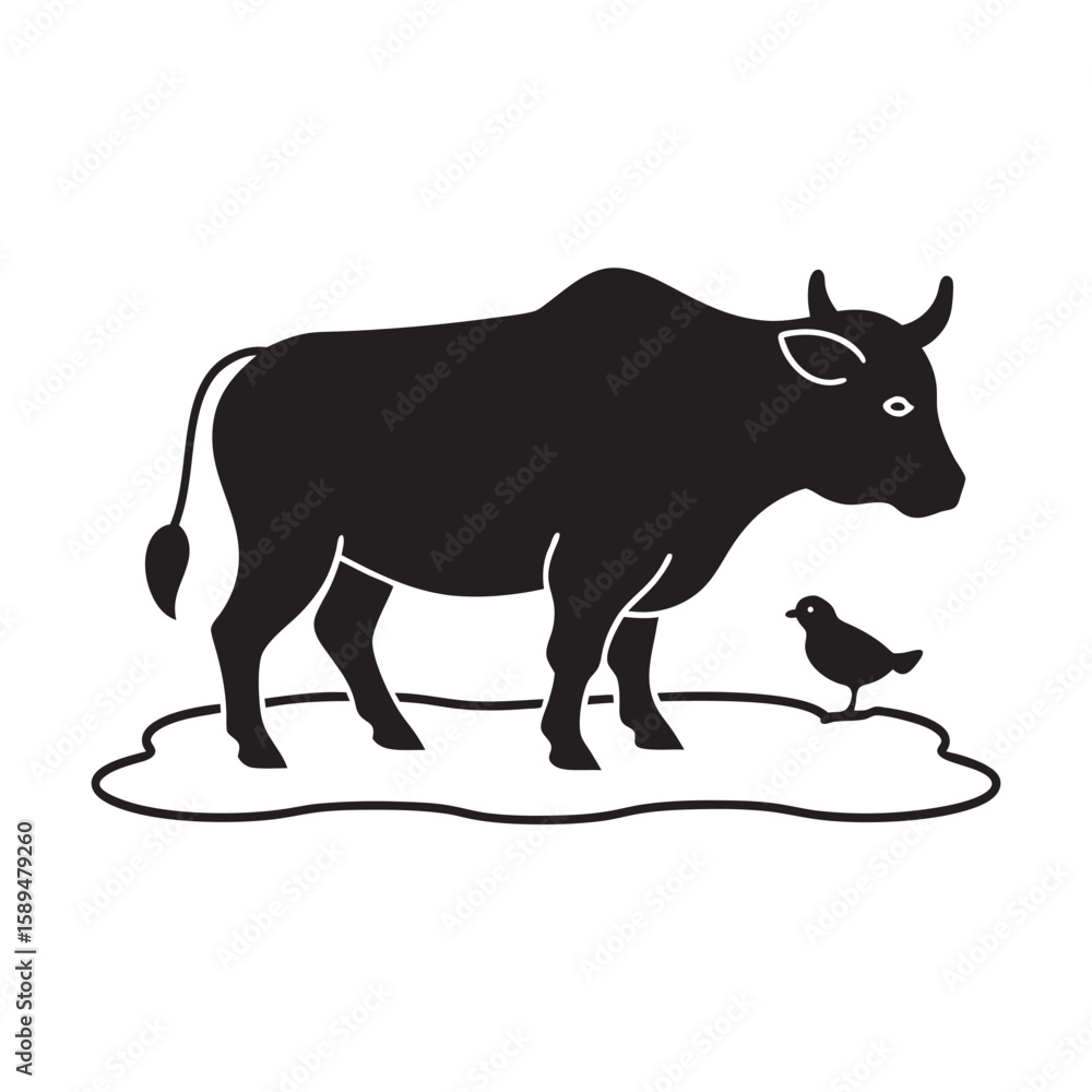 Obraz premium Buffalo Standing In River With Birds Flying