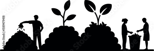 Silhouette people tending to plants and composting organic waste gardening recycling