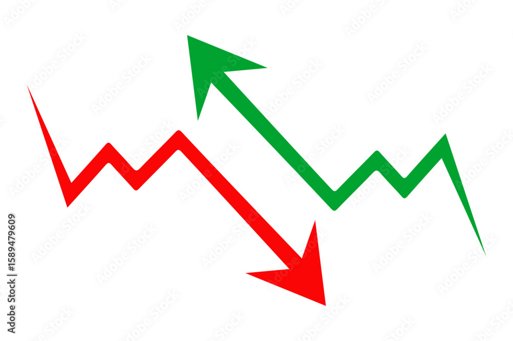 Red downward arrow and green upward arrow graphic on white background financial concept Red downward arrow and green upward arrow graphic on white background financial concept