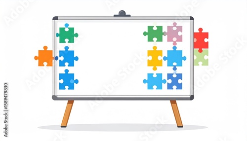 Whiteboard Displaying Colorful Puzzle Pieces For Educational Concepts Against White Background