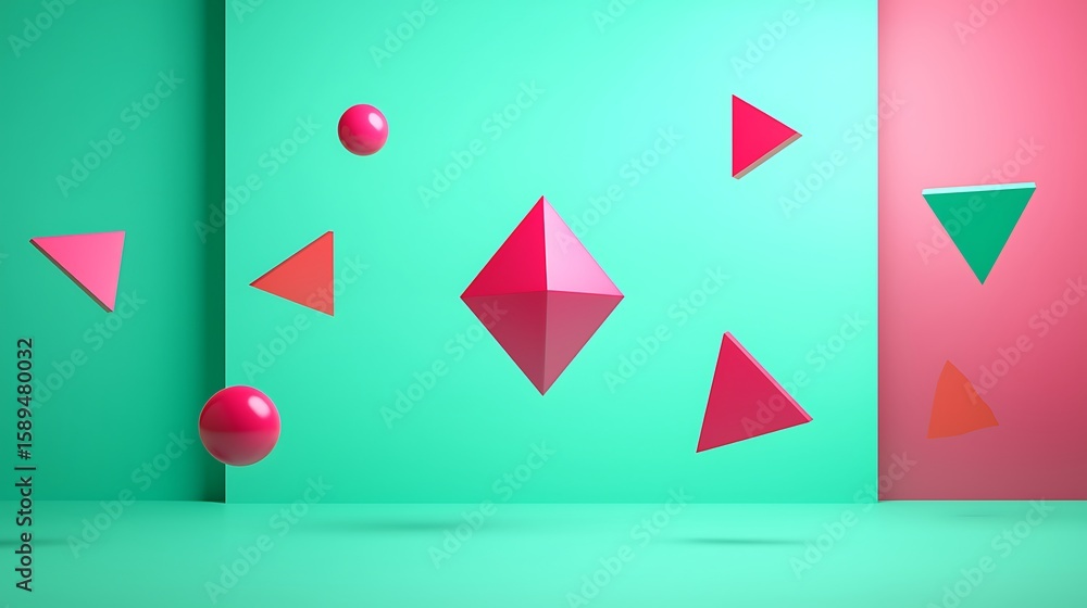 A minimalistic 3D scene with various red geometric shapes floating against teal and pink walls and floor. A minimalistic 3D scene with various red geometric shapes floating against teal and pink walls and floor.