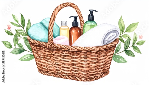 Wicker Basket Filled With Spa Products Including Bottles Towels And Green Leaves In A Watercolor Style