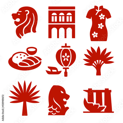 vector isolated red color singapore traditional cultural symbols