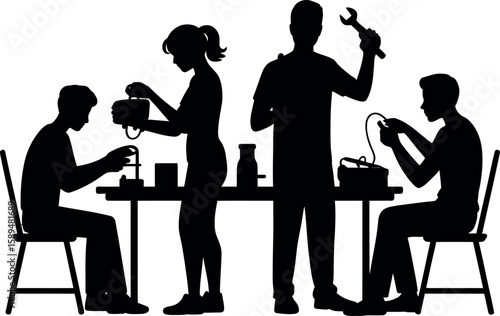 Silhouettes of people working on projects at tables with tools and equipment group