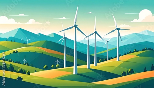 Wind Turbines Spinning Over Stylized Green Landscape with Rolling Hills under Blue Sky