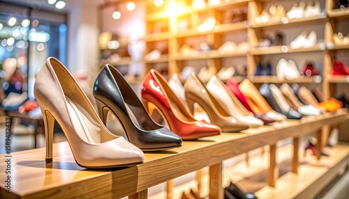 High-heeled shoes on display in a shoe store