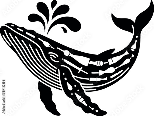 Black silhouette of a whale with internal objects and water spout black and white ocean