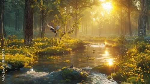 The tranquil forest is bathed in gentle golden sunlight