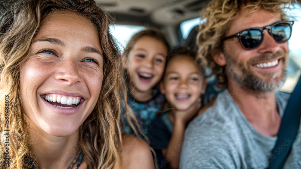 Fototapeta premium Happy family smiles inside a vehicle, enjoying a road trip adventure with beaming faces and sunlight streaming in.