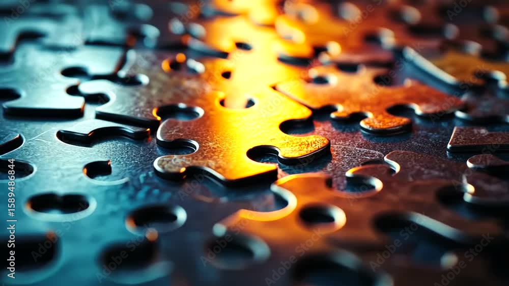 Abstract Puzzle Pieces Macro with Dramatic Lighting and Blue-Orange Gradient Effect Abstract Puzzle Pieces Macro with Dramatic Lighting and Blue-Orange Gradient Effect