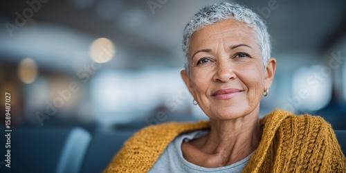 Senior Woman Sitting in Clinic Waiting Room Health Care Facility Portrait Indoor Close-up Patient Experience