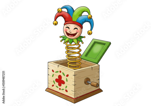 Joyful jester pops out of decorated wooden box on transparent background isolated on transparent background