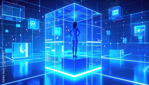 Woman standing in digital projected cube environment surrounded by glowing blue screens