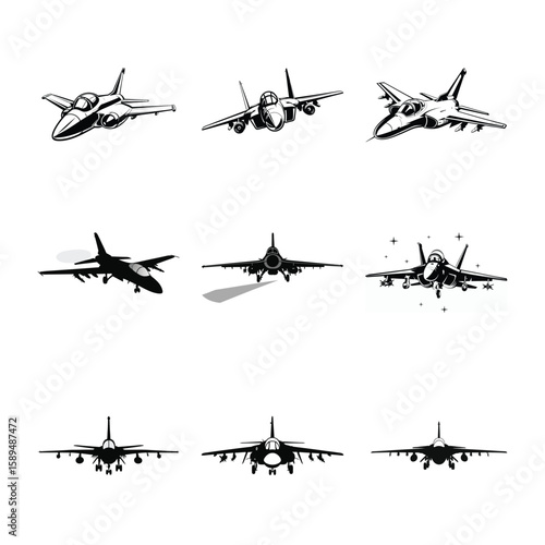 set of military aircraft silhouettes vector