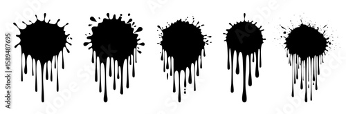 Thick Paint Splash Silhouette With Long Vertical Drips, Flat Black Vector Illustration Featuring Clean Edge Flow And Artistic Ink Style, Isolated On White Background, Minimal Vector Collection