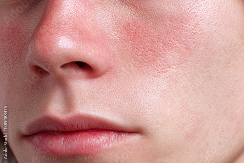Close-up of a person's lower face showing textured skin with visible pores and slight redness around the nose and lips.