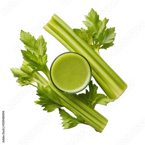 Fresh celery juice and stalks isolated on transparent background