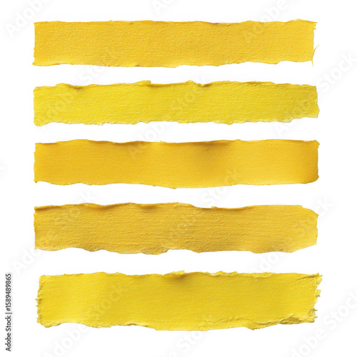 Five textured yellow paper strips with torn edges isolated on transparent background