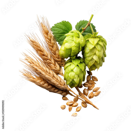 Fresh green hops and golden barley grains isolated on transparent background