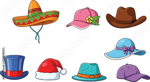 Colorful Cartoon Sombrero, Elegant Sun Hat, Classic Cowboy, Festive Santa, Casual Baseball Cap, and Distinctive Fedoras for Every Occasion, Vector Illustration