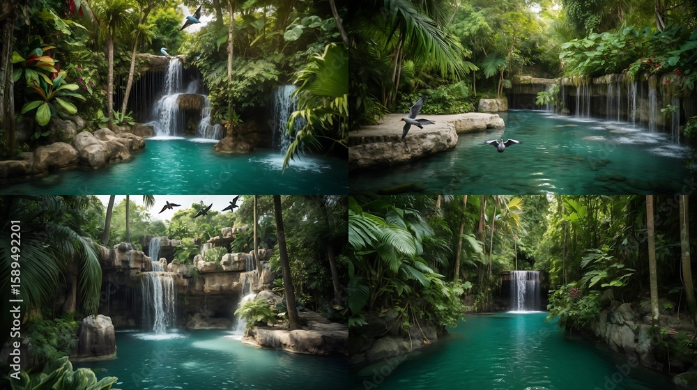 Naklejka premium A crystal-clear waterfall cascading into a turquoise pool, surrounded by lush greenery and tropical birds in mid-flight. 