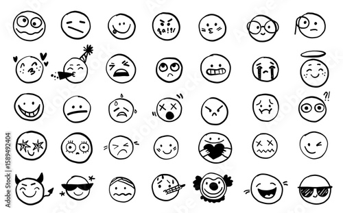 Cartoon people face emotions set in doodle scribble pencil marker style hand drawn set. Cute happy, upset lovely emotions.