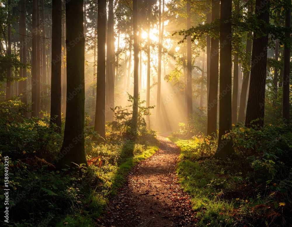 Obraz premium Sunbeams in a misty forest path