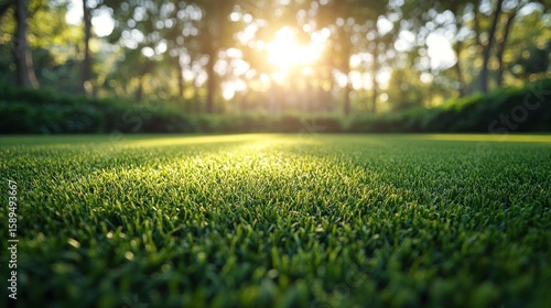 Lush green grass field bathed in sunlight, trees in background