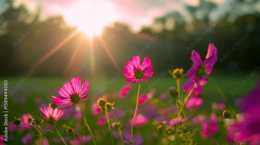 Fototapeta premium A vibrant cosmos flower blooming in a sunlit green field, radiating natural beauty and tranquility. 