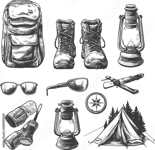 Set of hiking silhouettes with backpacks and trekking poles on white background