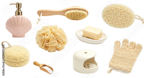 Photo of a collection of bath and spa accessories are isolated on a pristine transparent background