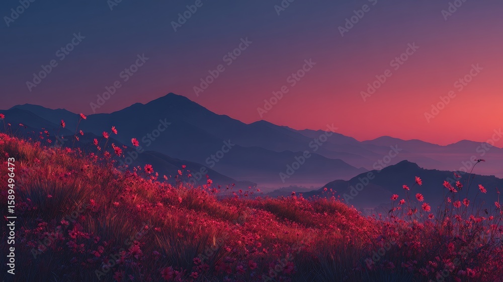 Fototapeta premium Blooming Vibrant Field of Flowers Against Majestic Mountains at Sunset Nature Photography Serene Landscape Wide View