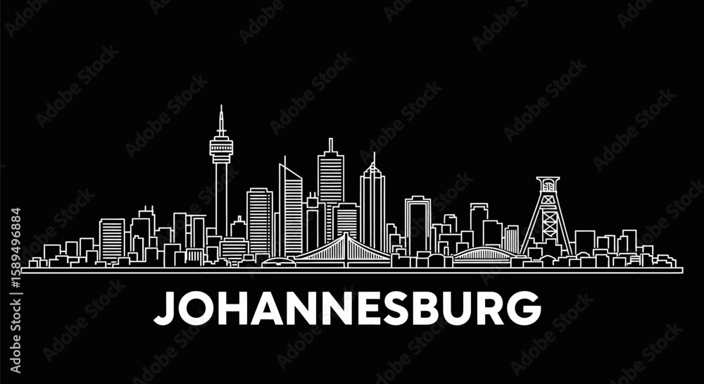 Obraz premium Johannesburg Cityscape White Line Art on Black Background with South Africa.