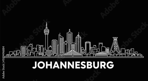 Johannesburg Cityscape White Line Art on Black Background with South Africa.
