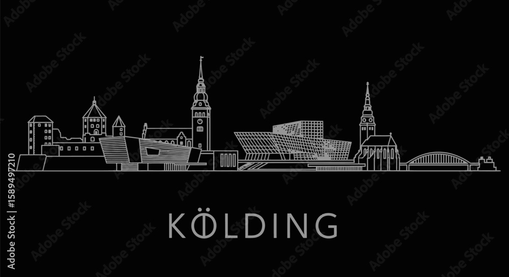 Fototapeta premium Kolding with Denmark Skyline Minimalist Line Art Silhouette on Black Background.