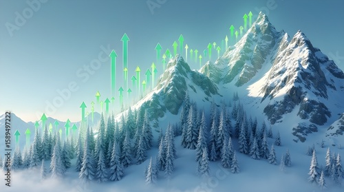 Head and shoulders reversal in mountain chart with green arrow avalanche breaking neckline, binary snow particles spell out bullish breakout