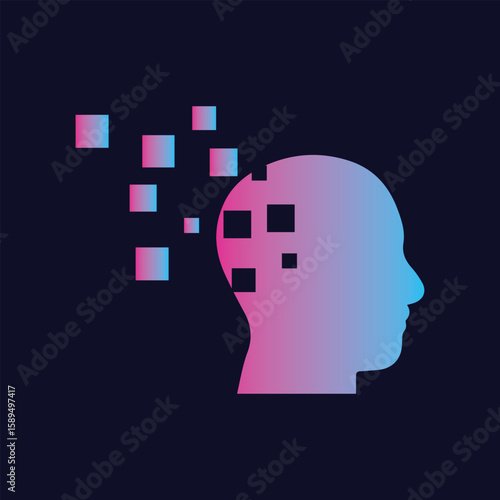 Digital human head dissolving into pixels with gradient ai concept