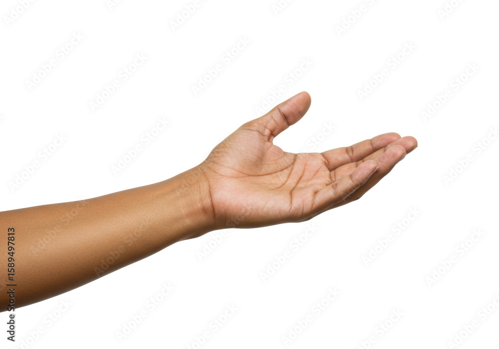 An adult human hand with light brown skin, open palm, and slightly spread fingers, forearm entering from lower left, against a transparent studio background with even lighting and no shadows, An adult human hand with light brown skin, open palm, and slightly spread fingers, forearm entering from lower left, against a transparent studio background with even lighting and no shadows,