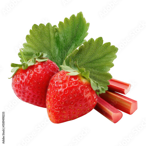 Fresh ripe strawberries and vibrant rhubarb stalks with green leaves isolated on transparent background
