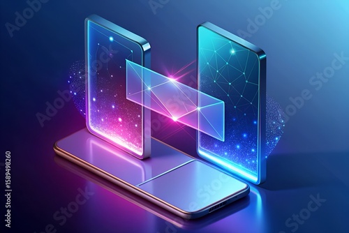 Futuristic 3D Smartphone Screen with Business Cards Merging into Connection Spark – Neon Glass Design on White Background